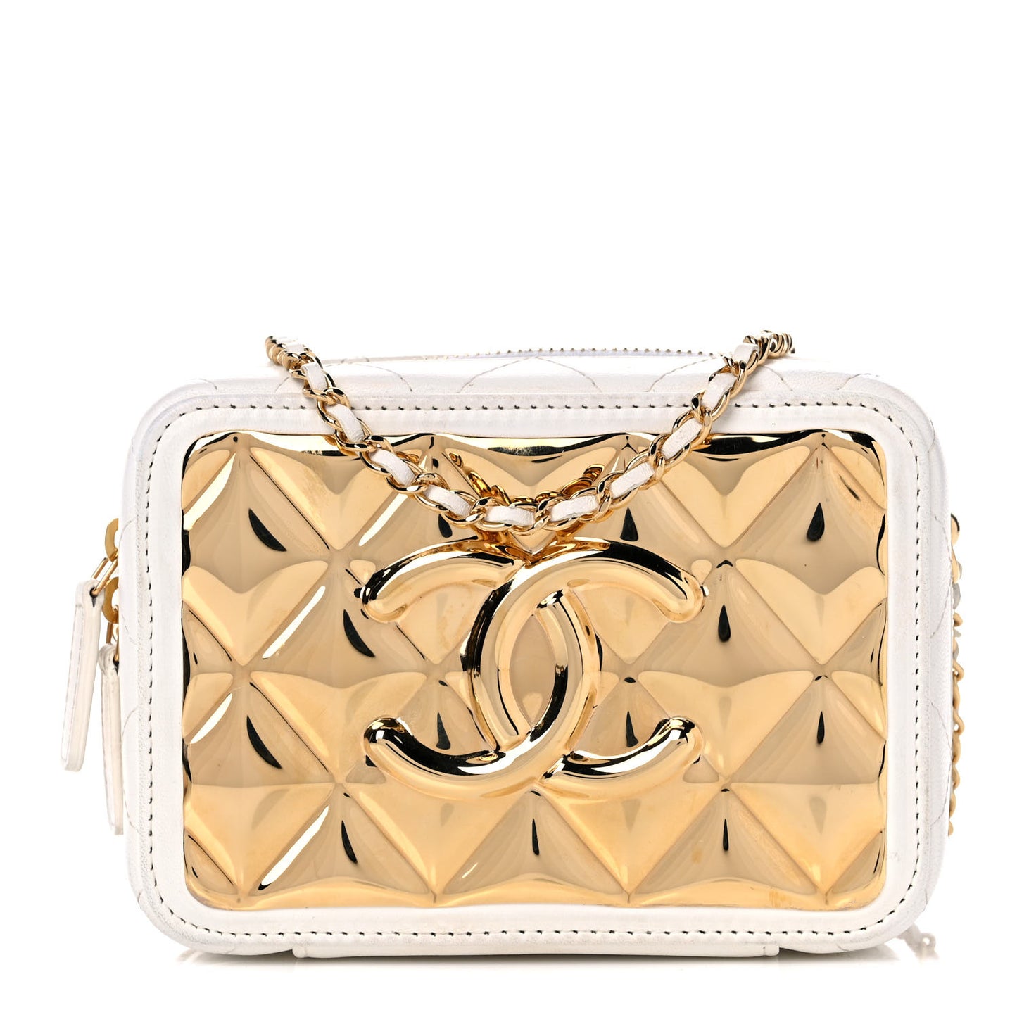 Lambskin Quilted Golden Plate Clutch With Chain White
