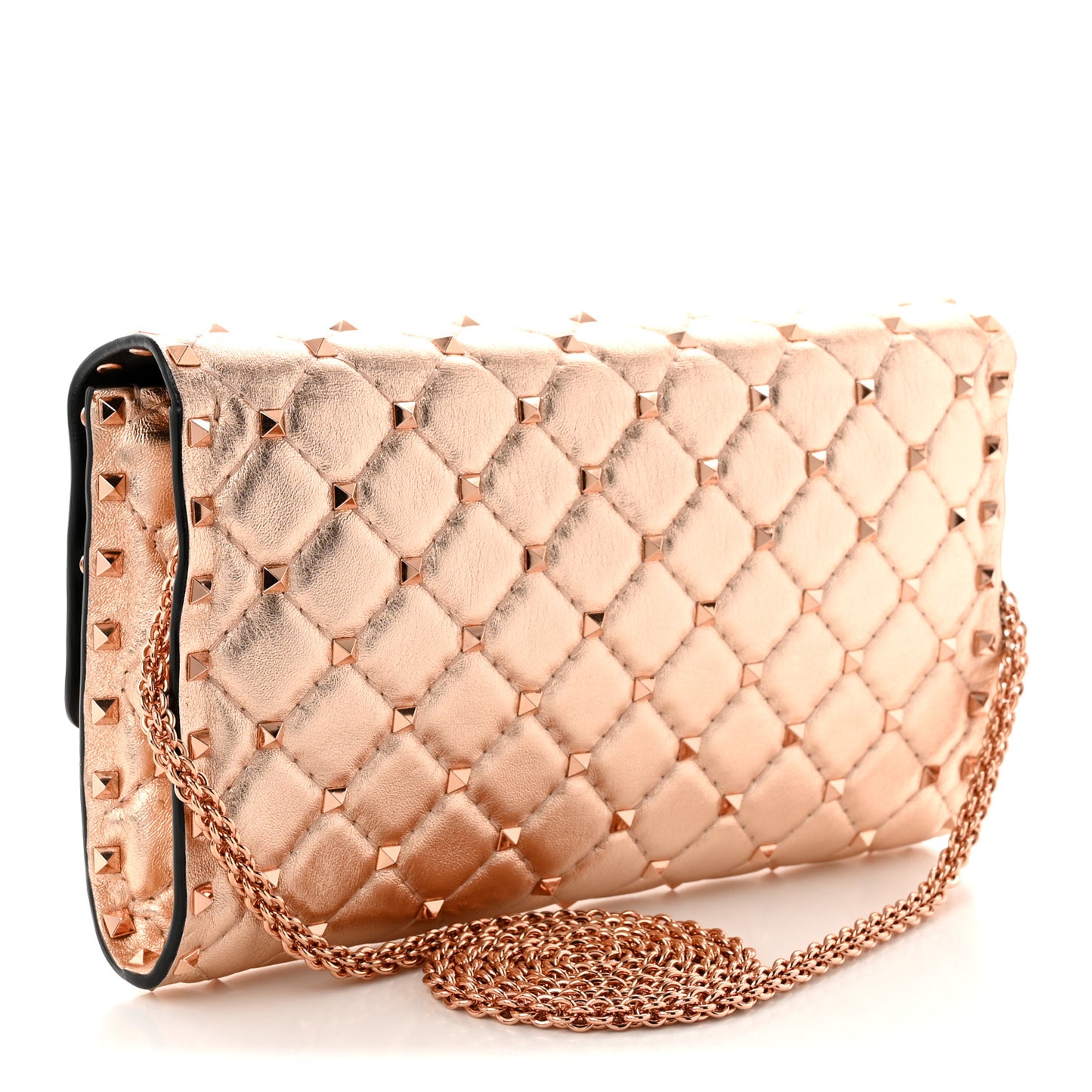 Metallic Lambskin Rockstud Spike Wallet on Chain Rame