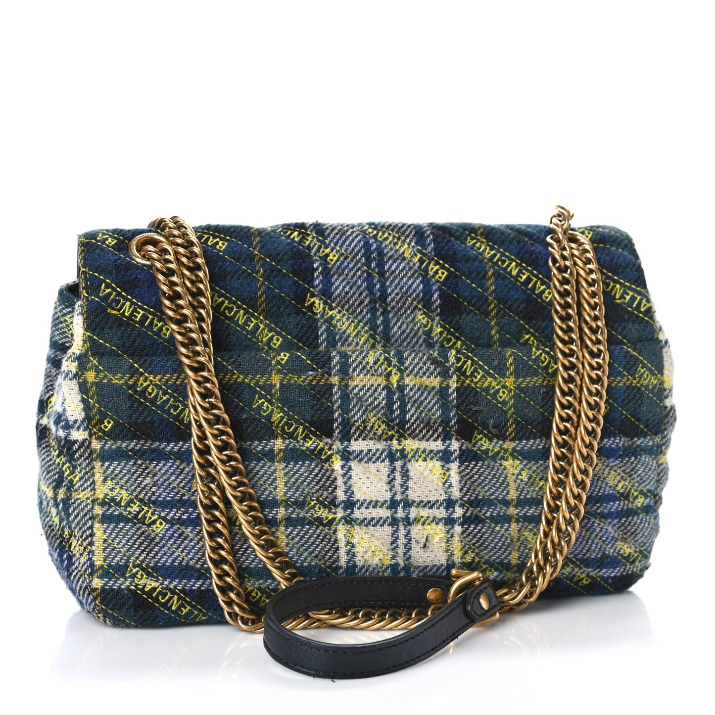 Wool Plaid Diagonal Allover Logo Matelasse M BB Round Shoulder Bag Green Blue Yellow