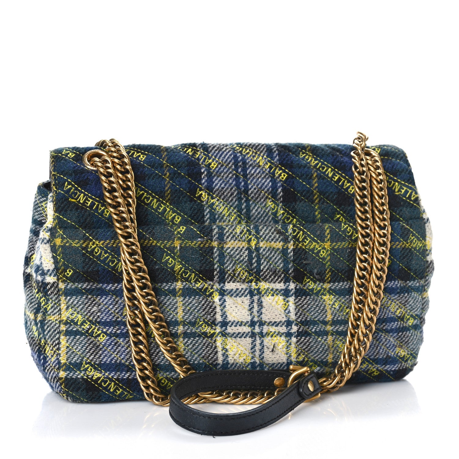 Balenciaga Wool Plaid Diagonal Allover Logo Matelasse M BB Round Shoulder Bag Green Blue Yellow 3 of 16