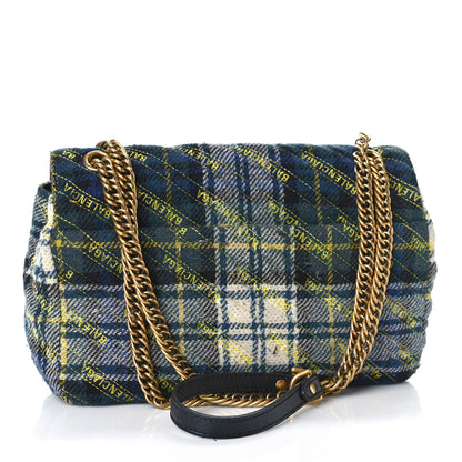 Balenciaga Wool Plaid Diagonal Allover Logo Matelasse M BB Round Shoulder Bag Green Blue Yellow 3 of 16