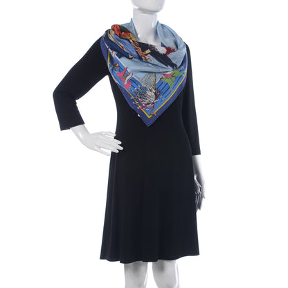 Hermes Silk Pani La Shar Pawnee Wash Scarf 90 Bleu Ciel Marine Vert 2 of 5