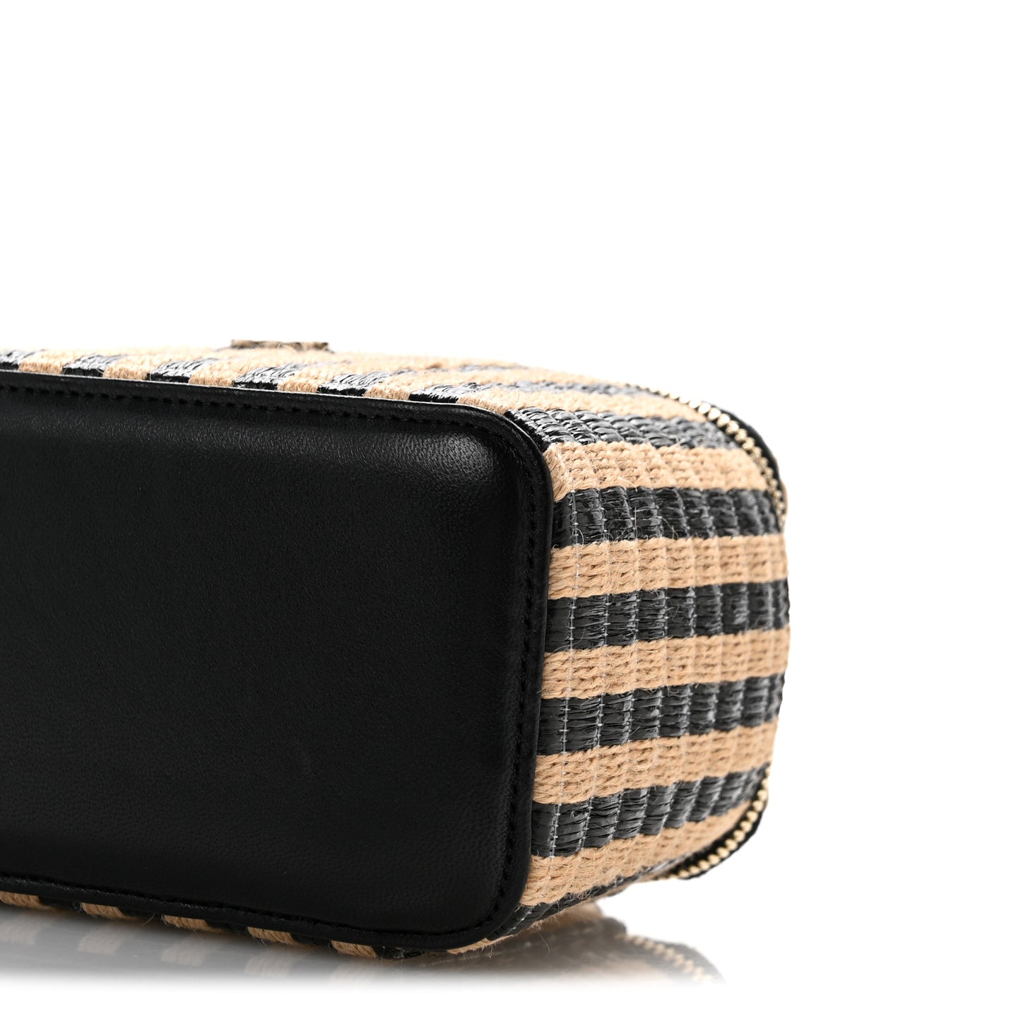Raffia Jute Striped Small Vanity Case With Chain Black Beige