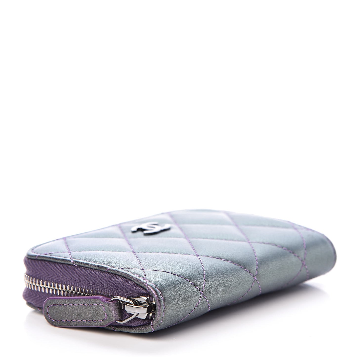 Metallic Lambskin Quilted Zip Around Coin Purse Wallet Dark Purple