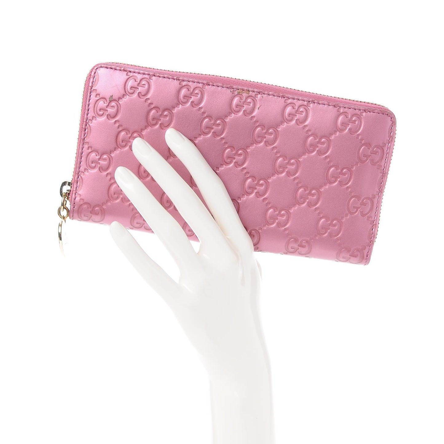 Metallic Soft Guccissima Heart Zip Around Wallet Fresia Rose