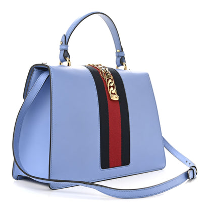 Gucci Calfskin Embroidered Medium Sylvie Top Handle Bag Clear Sky Blue 3 of 14