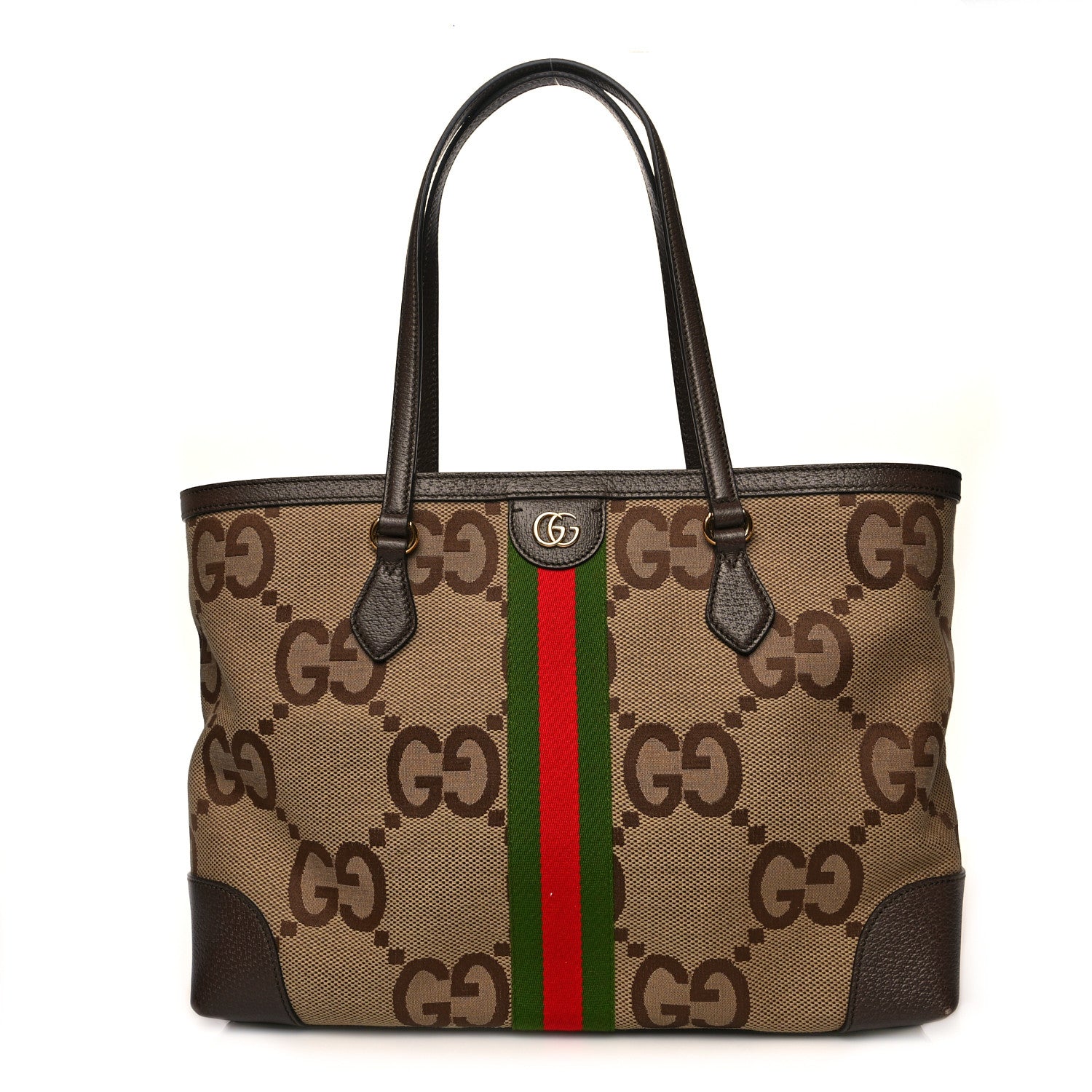 Gucci Monogram Jumbo GG Textured Dollar Calfskin Web Medium Ophidia Shopping Tote Camel Ebony 1 of 10