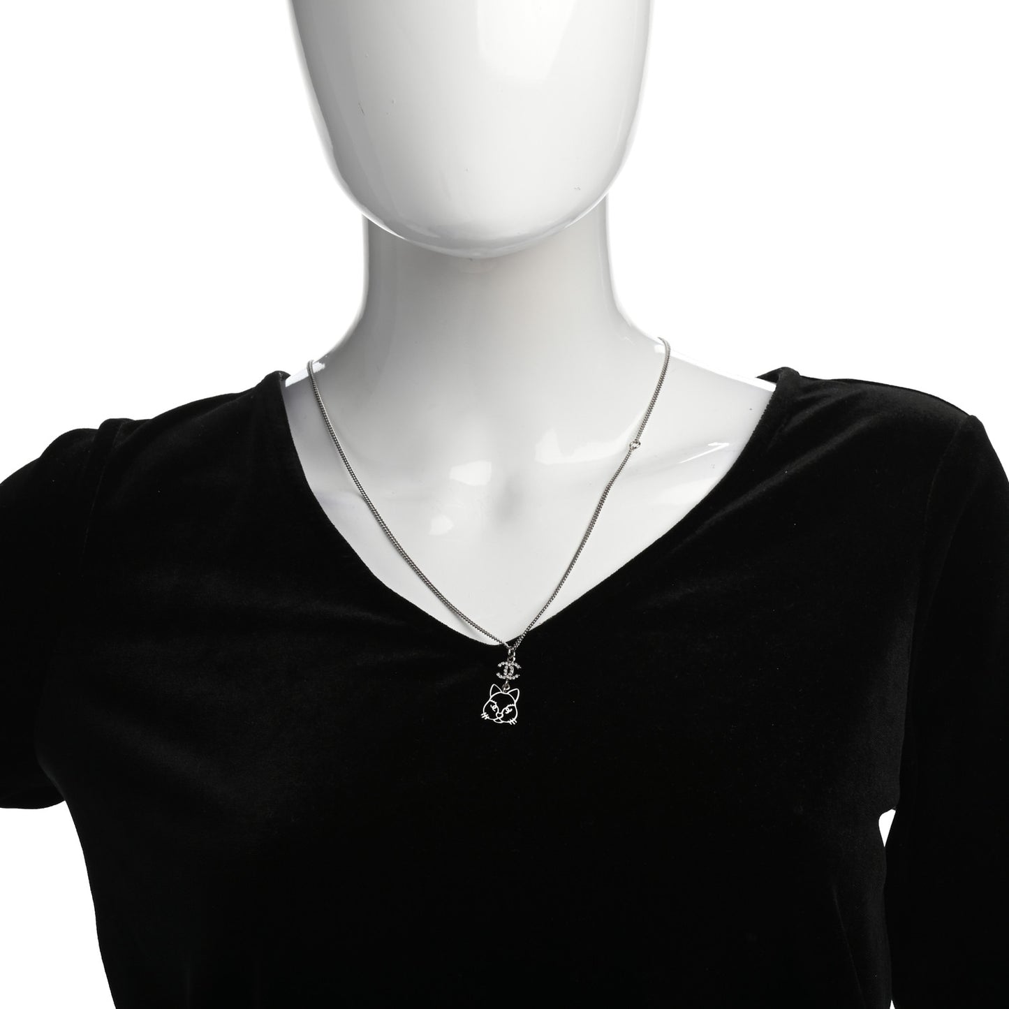 Crystal Emoji Choupette Cat Pendant Necklace Silver