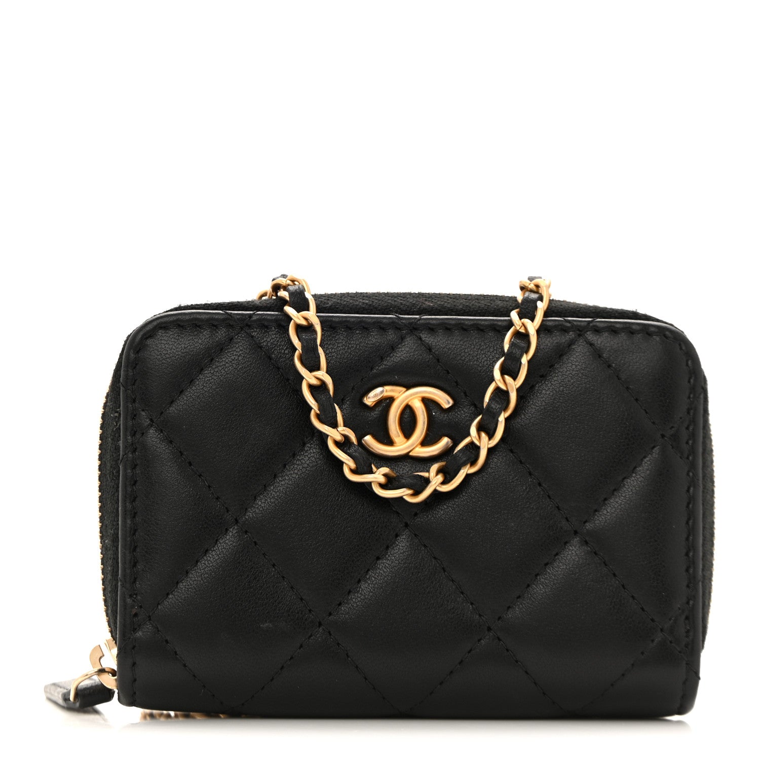 Chanel Lambskin Quilted CC Pearl Crush Zip Card Holder On Chain Black 1 of 10