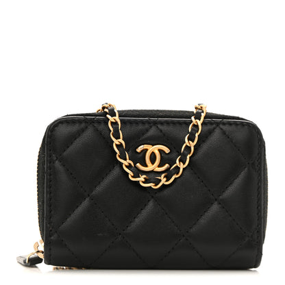 Chanel Lambskin Quilted CC Pearl Crush Zip Card Holder On Chain Black 1 of 10