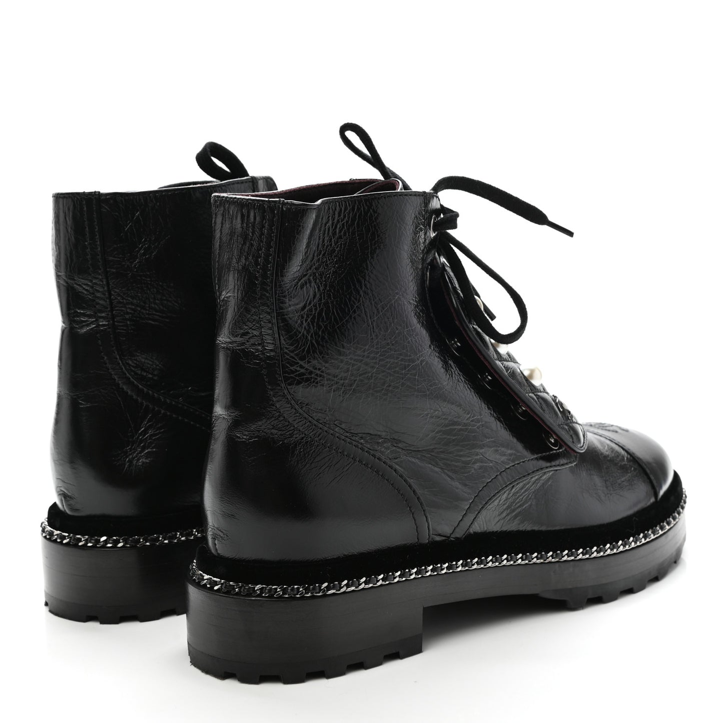 Crackled Calfskin Velvet Pearl Combat Short Boots 39.5 Black
