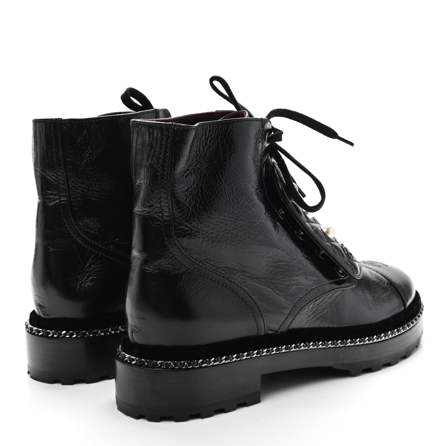 Chanel Crackled Calfskin Velvet Pearl Combat Short Boots 39.5 Black 4 of 10