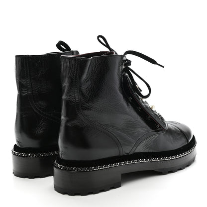 Chanel Crackled Calfskin Velvet Pearl Combat Short Boots 39.5 Black 4 of 10