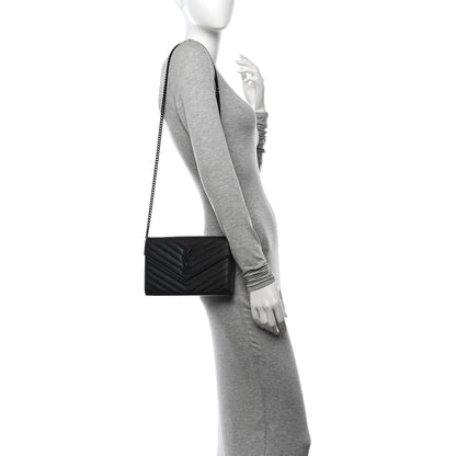Saint Laurent Grain De Poudre Matelasse Chevron Monogram Monochrome Chain Wallet Black 2 of 12