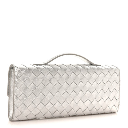 Bottega Veneta Metallic Lambskin Intrecciato Long Andiamo Top Handle Clutch Silver 3 of 7