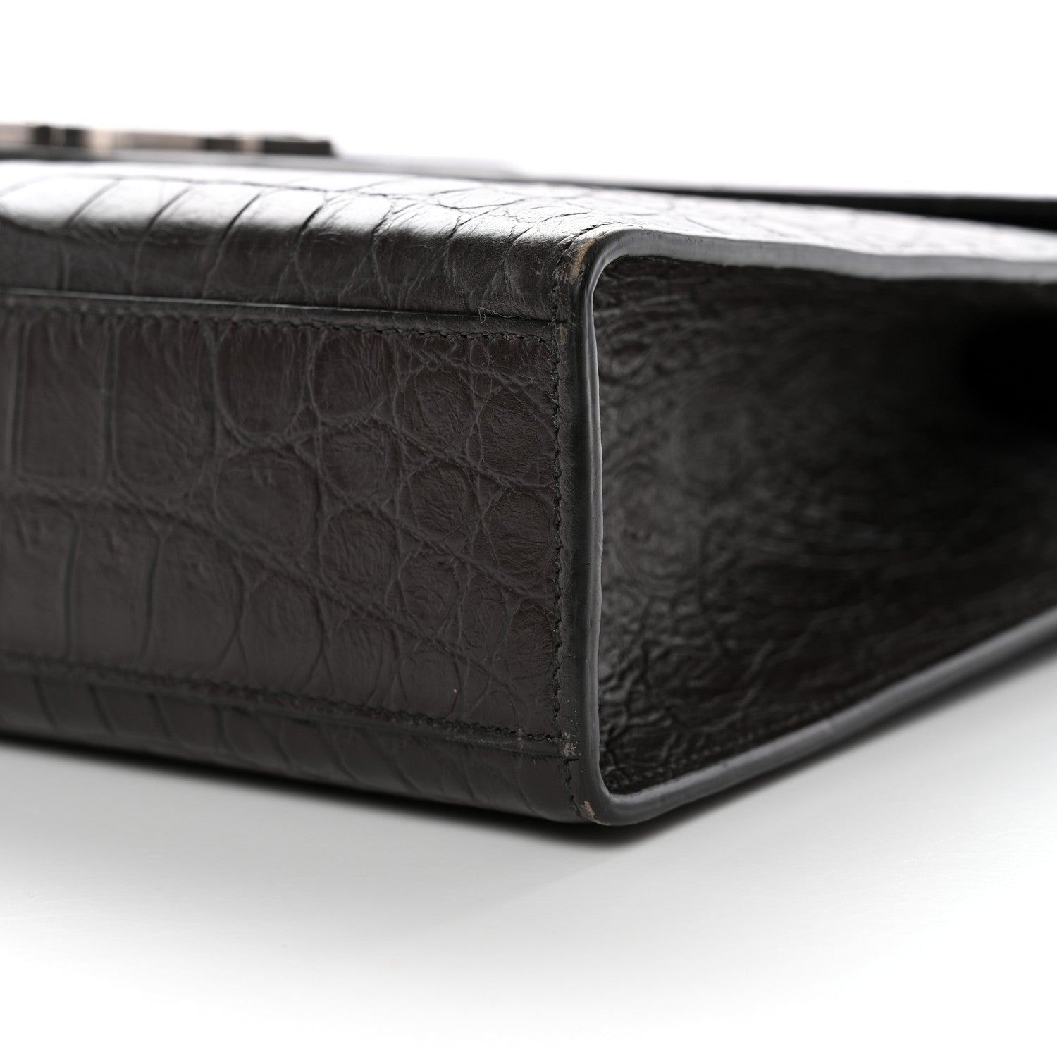 Saint Laurent Calfskin Crocodile Embossed Large Monogram Satchel Dark Brown 10 of 12