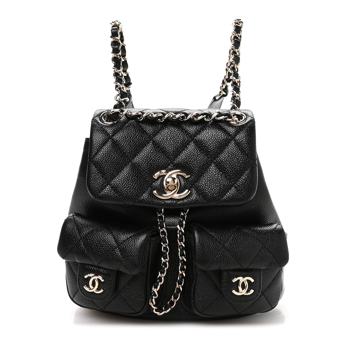 Shiny Caviar Quilted Small Duma Pockets Drawstring Backpack Black