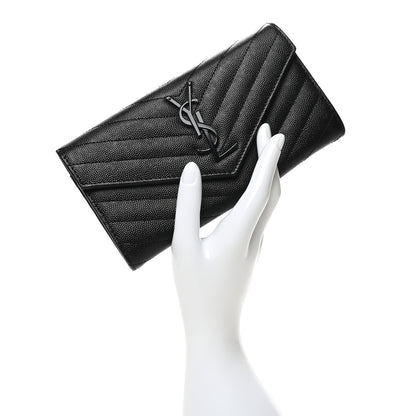 Saint Laurent Grain De Poudre Matelasse Chevron Monogram Flap Wallet Black 2 of 10