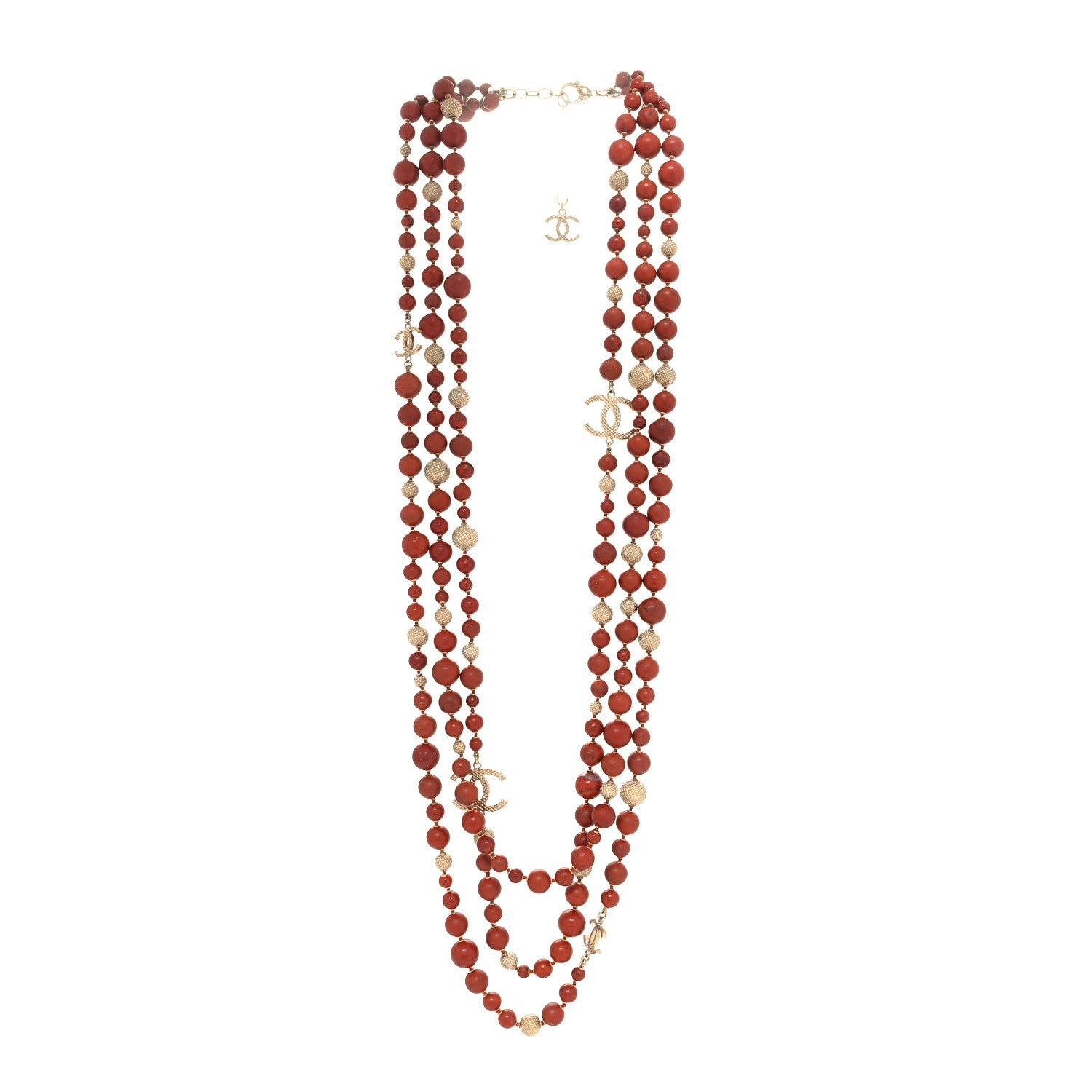 Chanel Metal Marble CC Multi Strand Necklace Gold Red 3 of 5