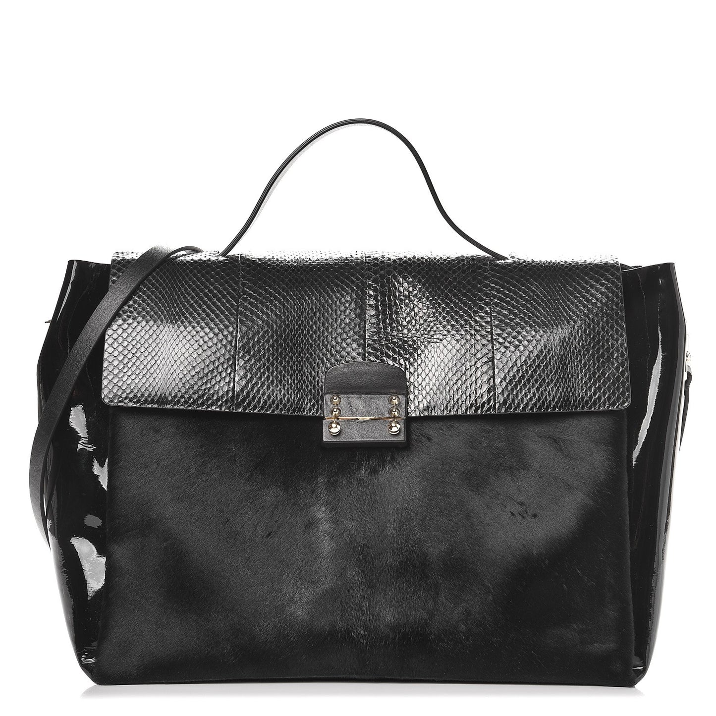 Calf Hair Snakeskin Patent Calfskin Large Mime Single Handle Bag Black