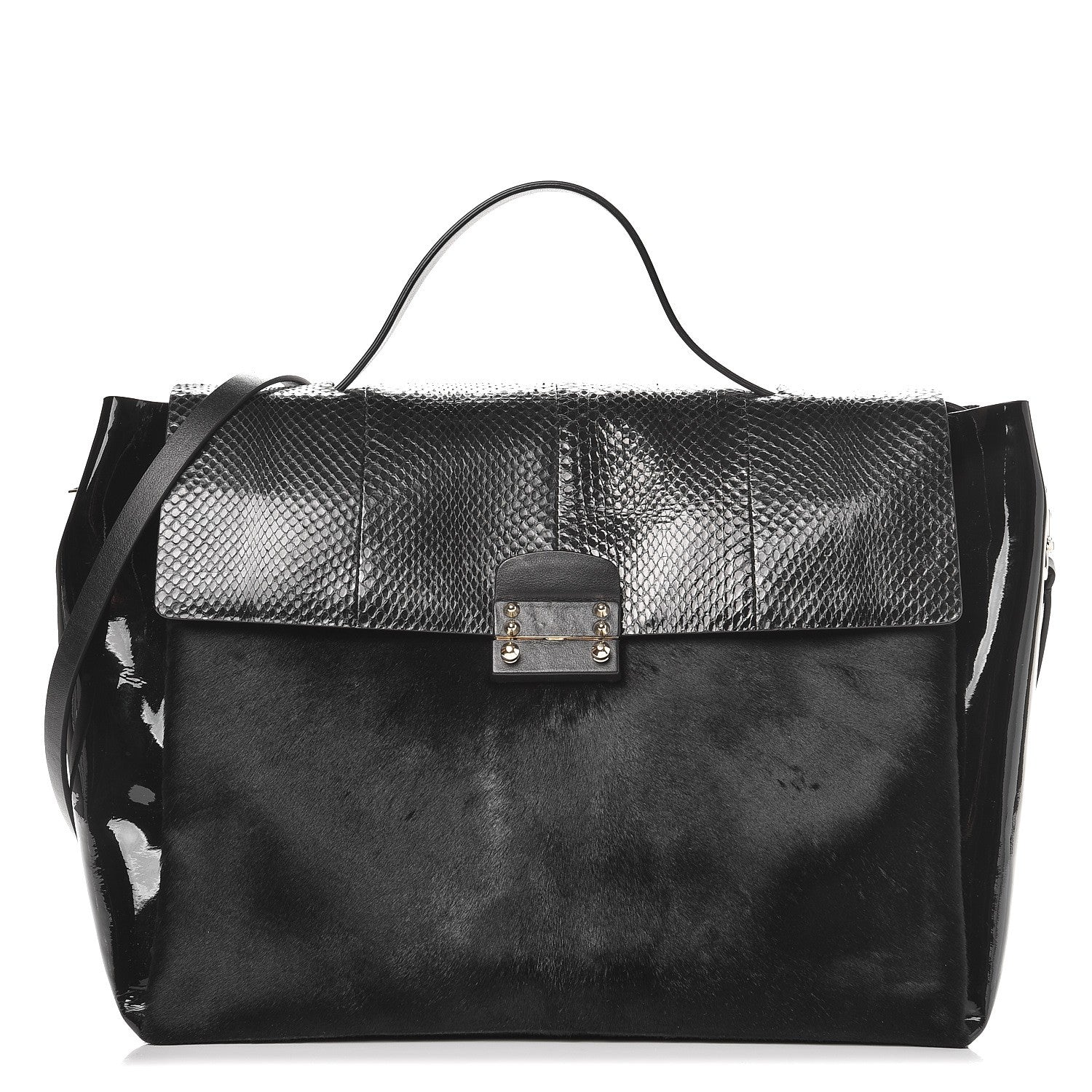 Valentino Garavani Calf Hair Snakeskin Patent Calfskin Large Mime Single Handle Bag Black 1 of 10