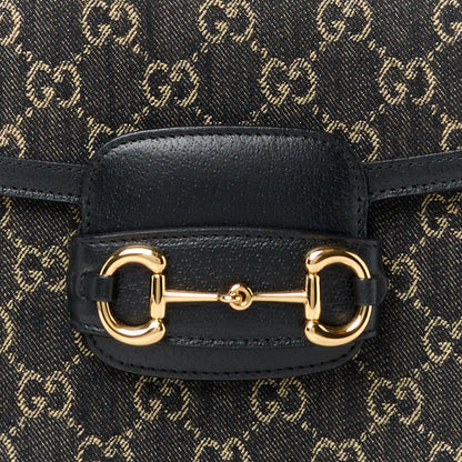 Gucci Jacquard Black Denim GG Monogram Textured Dollar Calfskin Horsebit 1955 Shoulder Bag Black Ivory 9 of 12