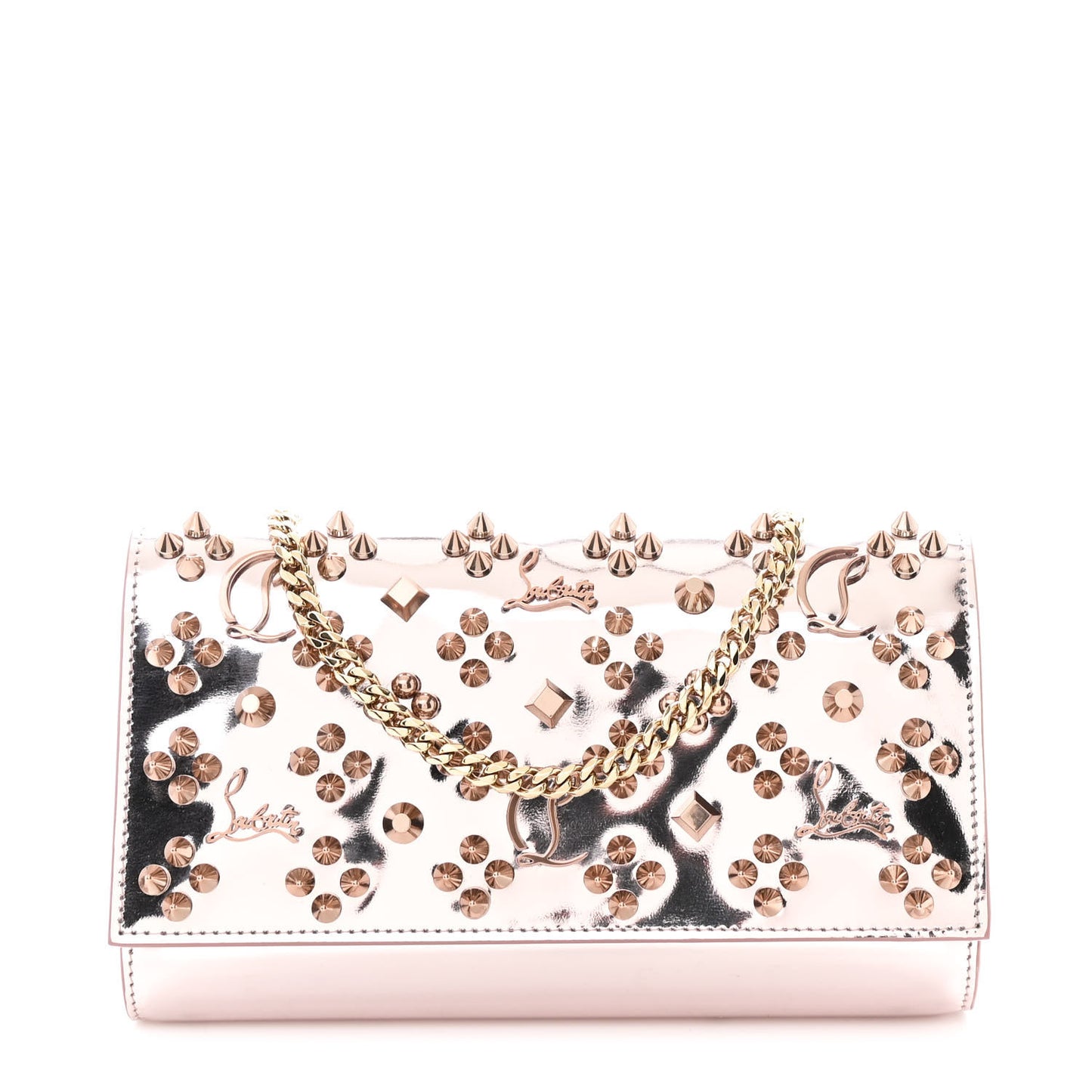 Metallic Patent Calfskin Spikes Loubinthesky Paloma Clutch Pink