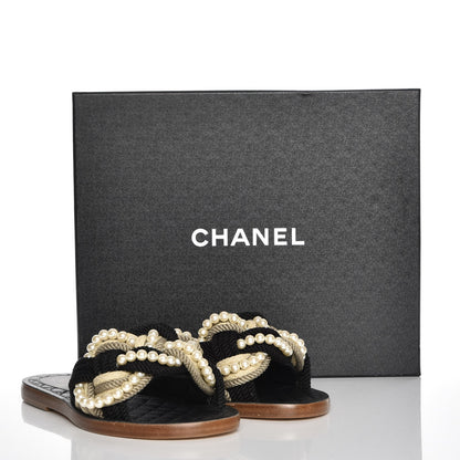 Chanel Lambskin Pearl Cord CC Mules 37 Black Beige 8 of 8