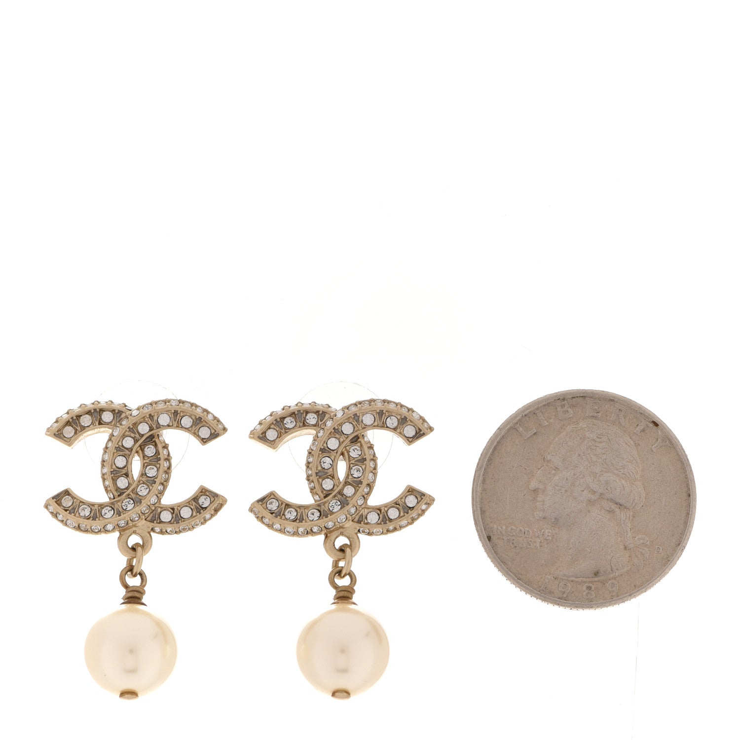 Chanel Crystal Pearl CC Drop Earrings Gold 2 of 5