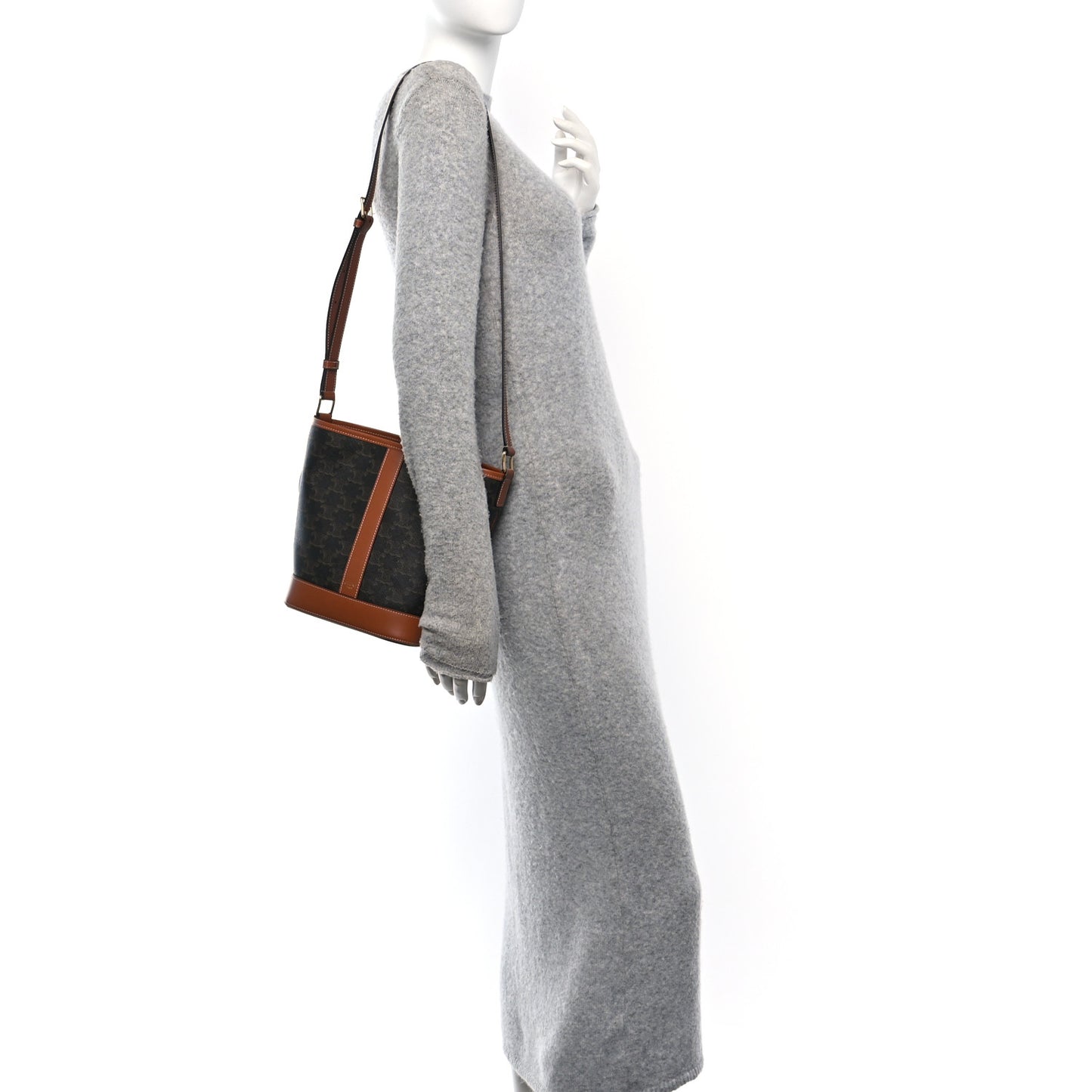 Triomphe Canvas Calfskin Small Bucket Bag Tan