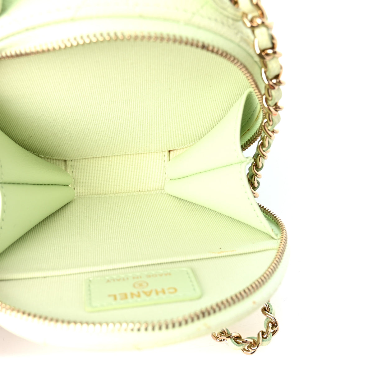 Caviar Quilted Round Handle With Care Vanity With Chain Light Green