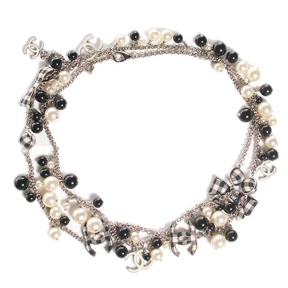 Chanel Pearl Beaded Gingham CC Long Necklace Black 1 of 5