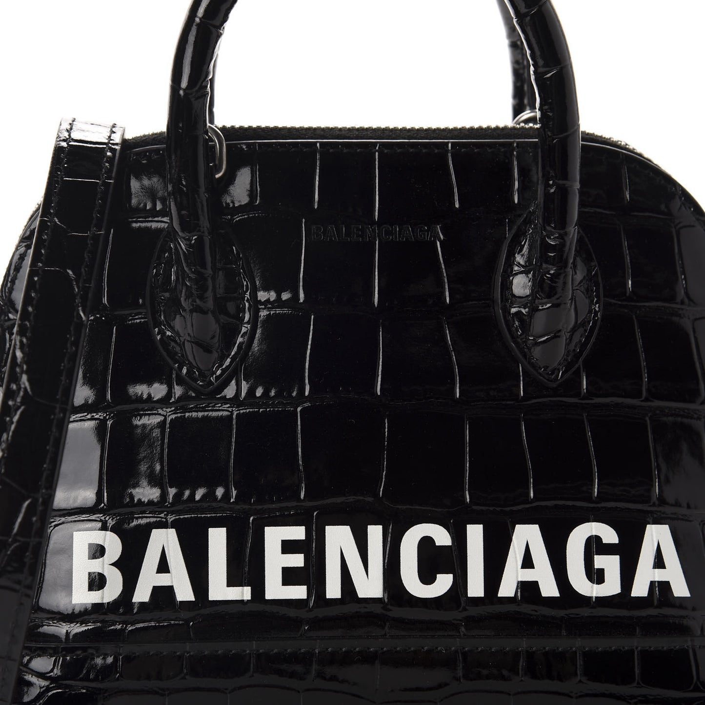 Shiny Calfskin Logo Crocodile Embossed XXS Ville Top Handle Bag Black White