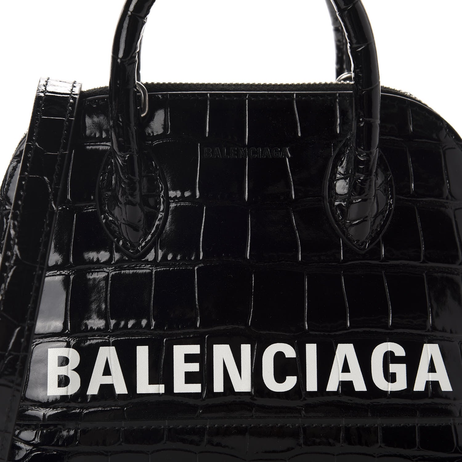 Balenciaga Shiny Calfskin Logo Crocodile Embossed XXS Ville Top Handle Bag Black White 9 of 9