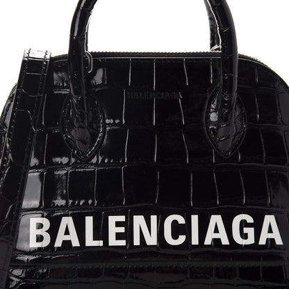 Balenciaga Shiny Calfskin Logo Crocodile Embossed XXS Ville Top Handle Bag Black White 9 of 9