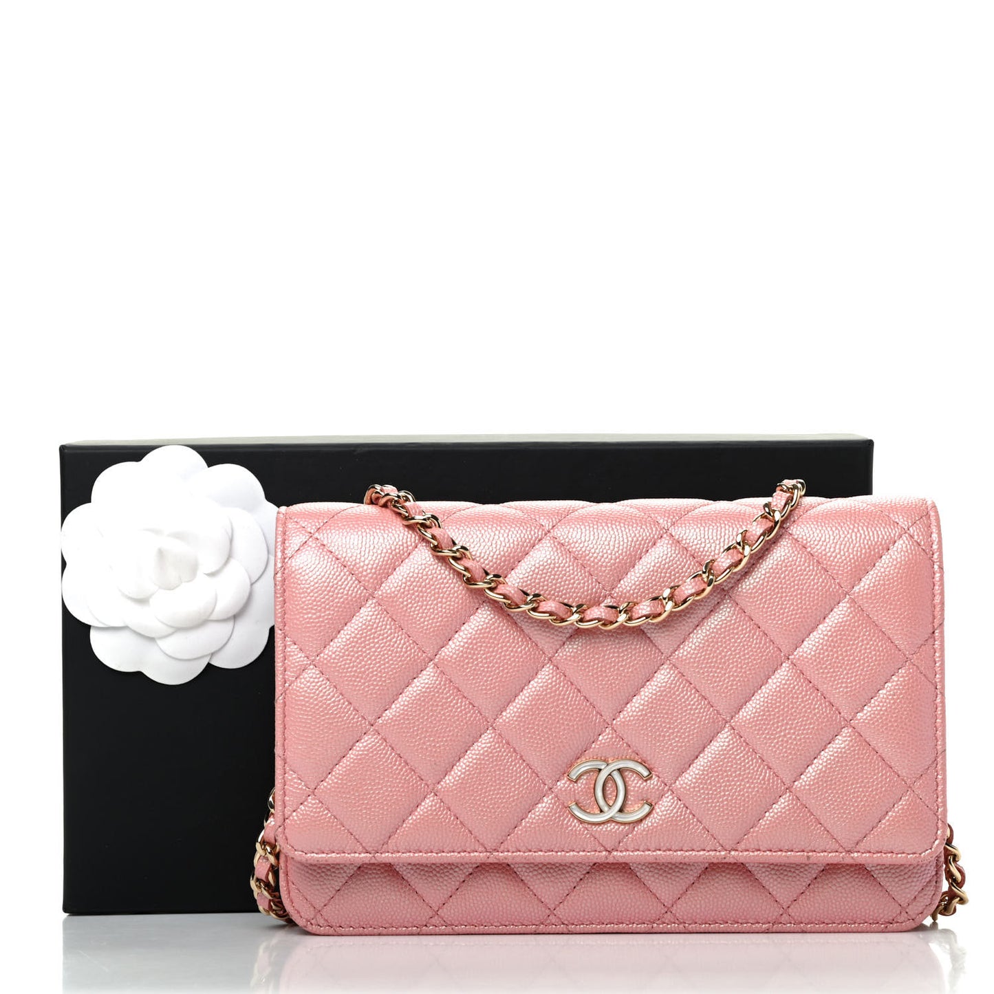 Iridescent Caviar Quilted Wallet on Chain WOC Rose Pink