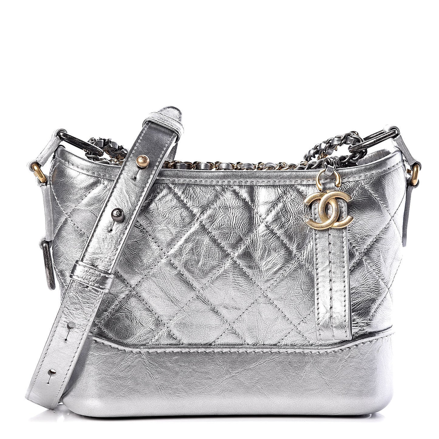 Metallic Aged Calfskin Quilted Small Gabrielle Hobo Silver