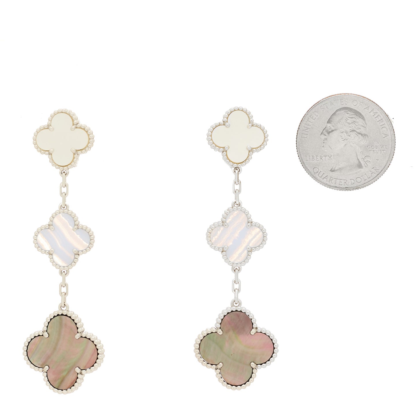 18K White Gold Mother of Pearl Chalcedony 3 Motifs Magic Alhambra Earrings