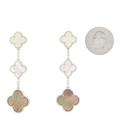 Van Cleef & Arpels 18K White Gold Mother of Pearl Chalcedony 3 Motifs Magic Alhambra Earrings 2 of 4