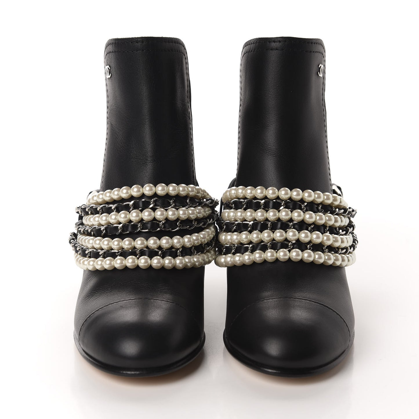 Calfskin Pearl Cap Toe Short Boots 37 Black