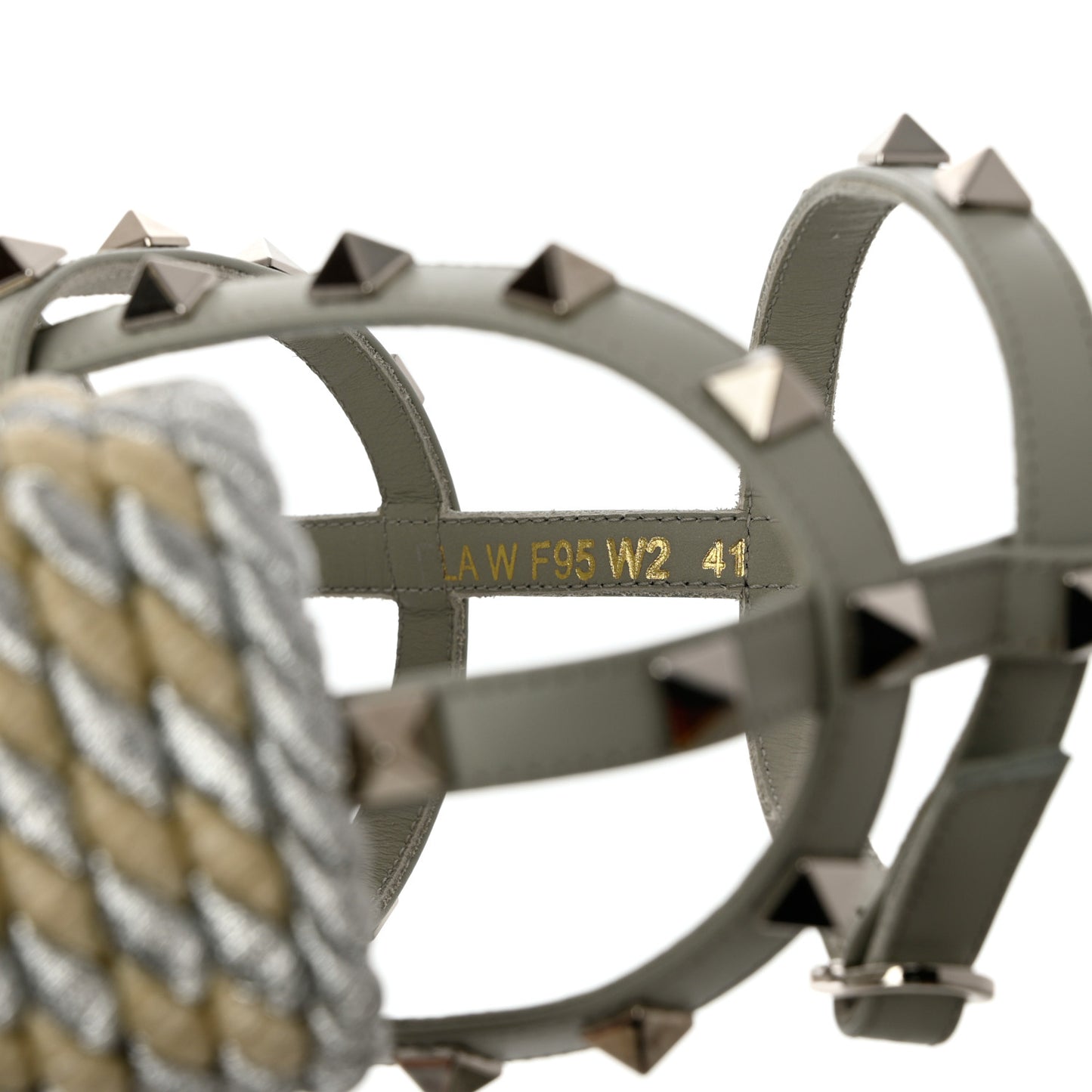 Calfskin Rockstud Ankle Strap Torchon Espadrille Caged 25/95mm Wedge Sandals 41 Opal Grey Argento Champagne