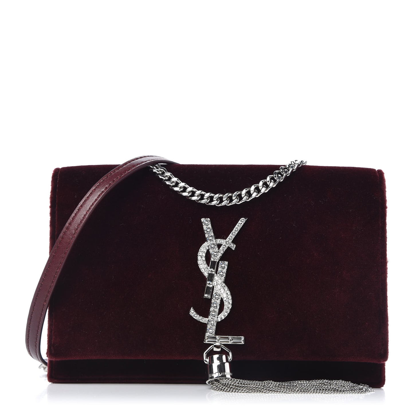 Velvet Crystal Monogram Kate Tassel Shoulder Bag Burgundy