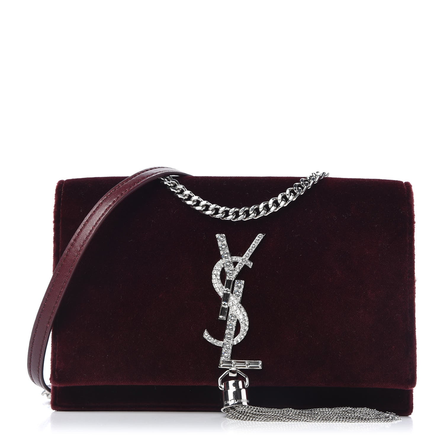 Saint Laurent Velvet Crystal Monogram Kate Tassel Shoulder Bag Burgundy 1 of 10