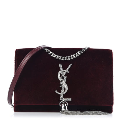 Saint Laurent Velvet Crystal Monogram Kate Tassel Shoulder Bag Burgundy 1 of 10