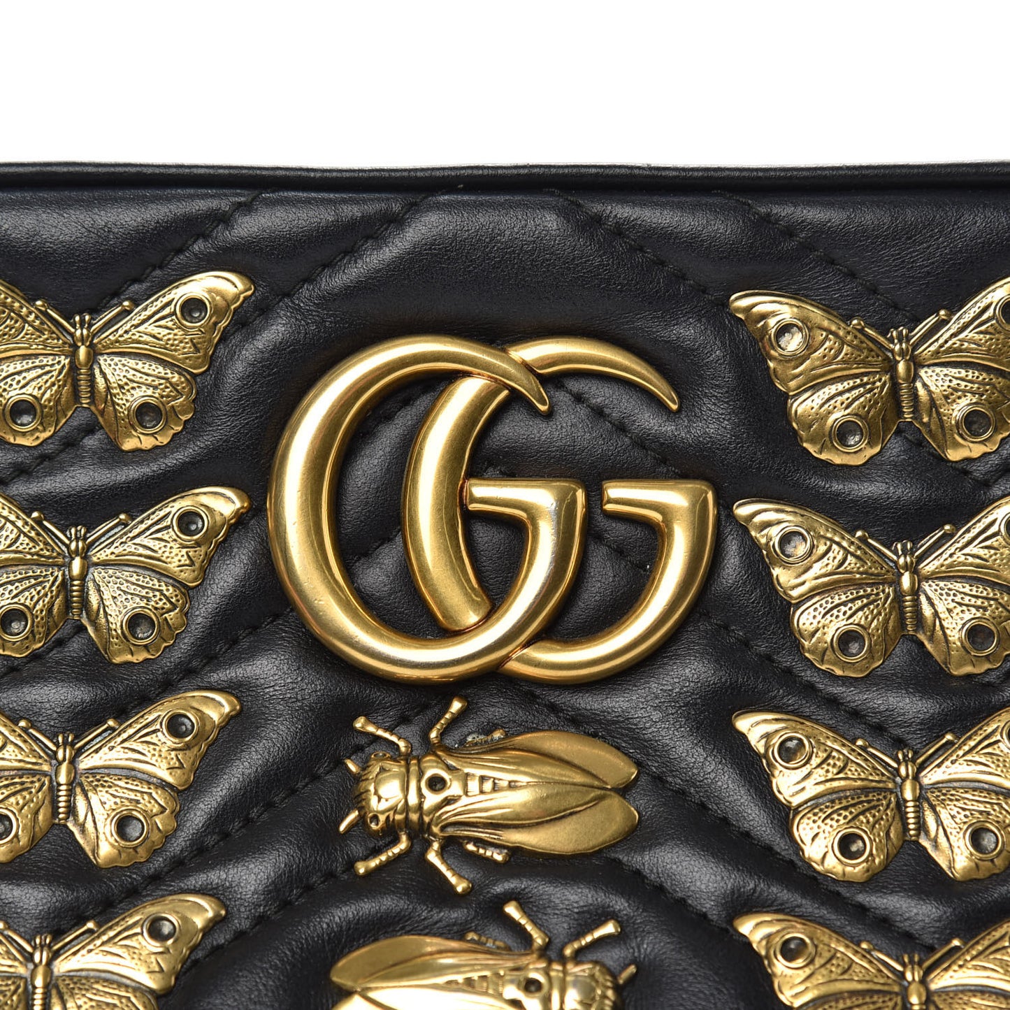 Calfskin Matelasse Animal Studs Small GG Marmont Chain Shoulder Bag Black