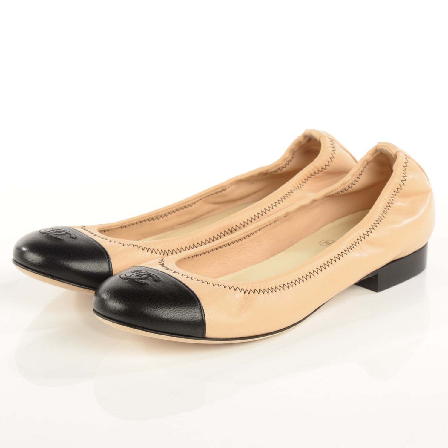 Chanel Lambskin Cap Toe Ballerina Flats 37 Beige Black 3 of 7