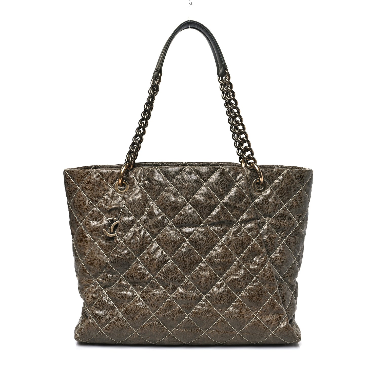 Crumpled Grained Calfskin Large Coco Pleats Tote Khaki