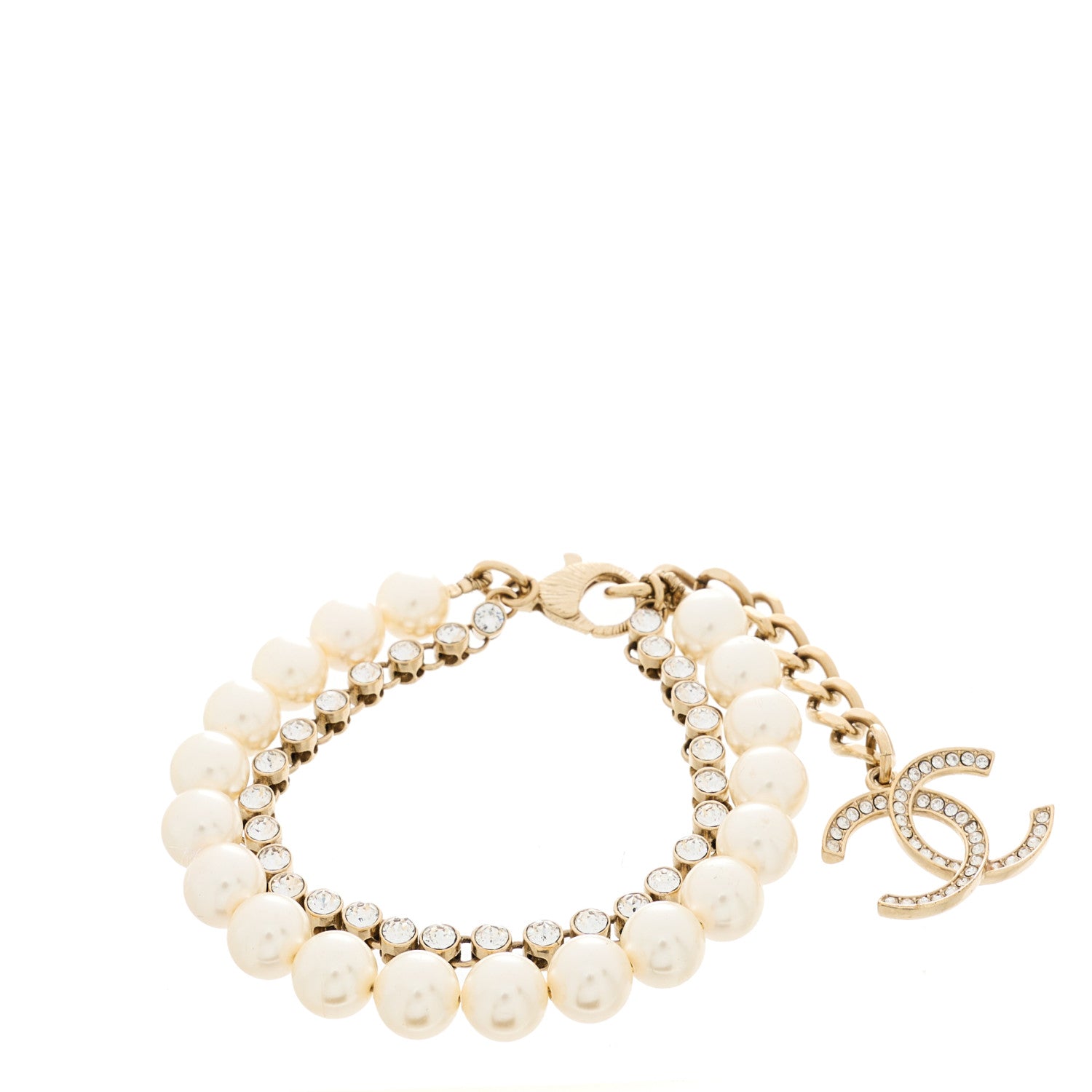 Chanel Pearl Crystal CC Double Strand Bracelet Gold White 1 of 4