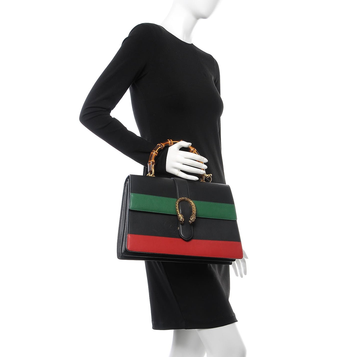 Calfskin Bamboo Web Large Dionysus Top Handle Bag Black Bright Evergreen Hibiscus Red
