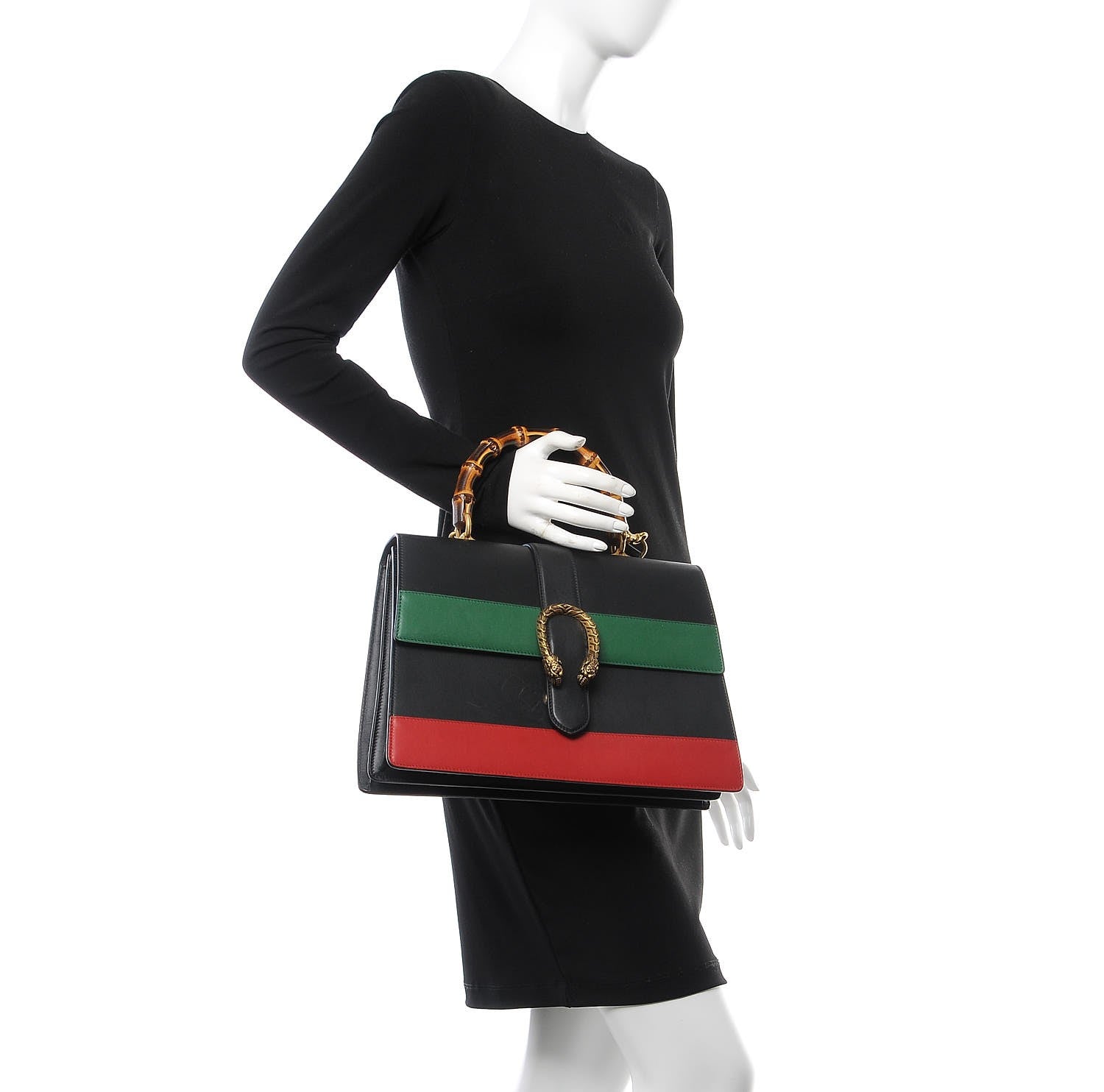 Gucci Calfskin Bamboo Web Large Dionysus Top Handle Bag Black Bright Evergreen Hibiscus Red 3 of 12